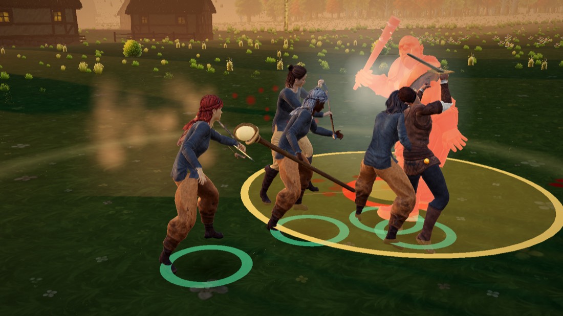 The company surrounds an orc brute that has raised its club, a mending circle on the ground beneath them