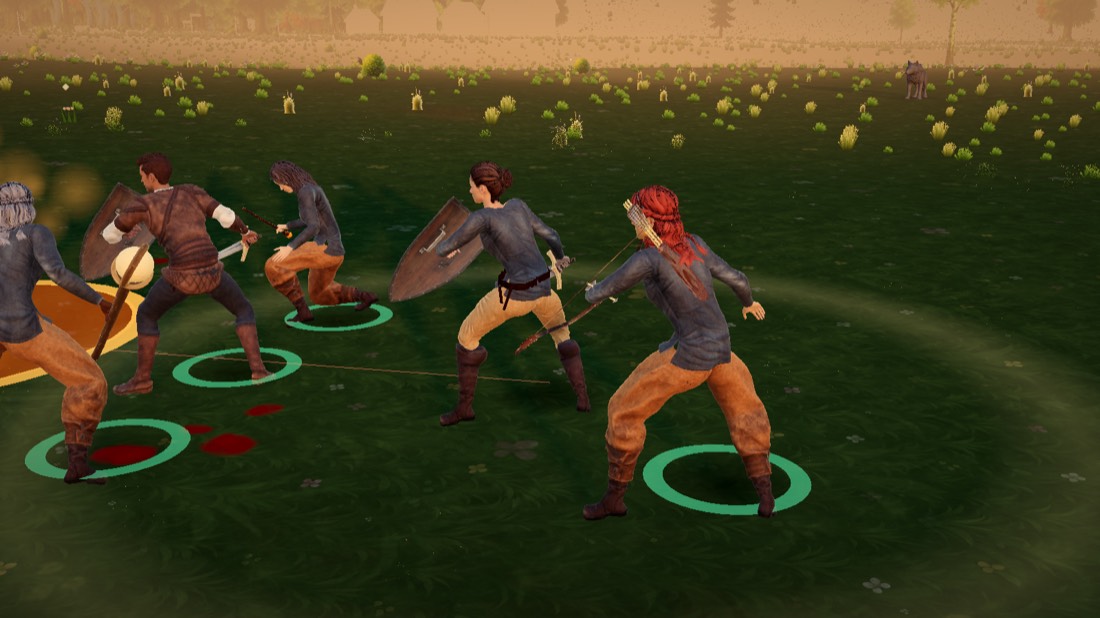 Five fighters of the company close round a wolf, shields and a mace raised
