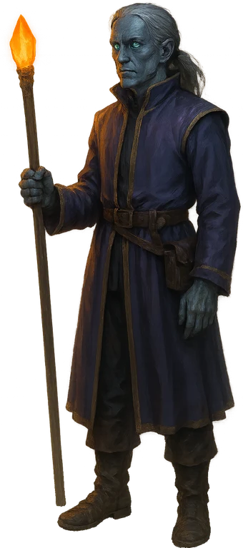 A blue-skinned Hollowborn in a violet coat holding a rod with an amber crystal