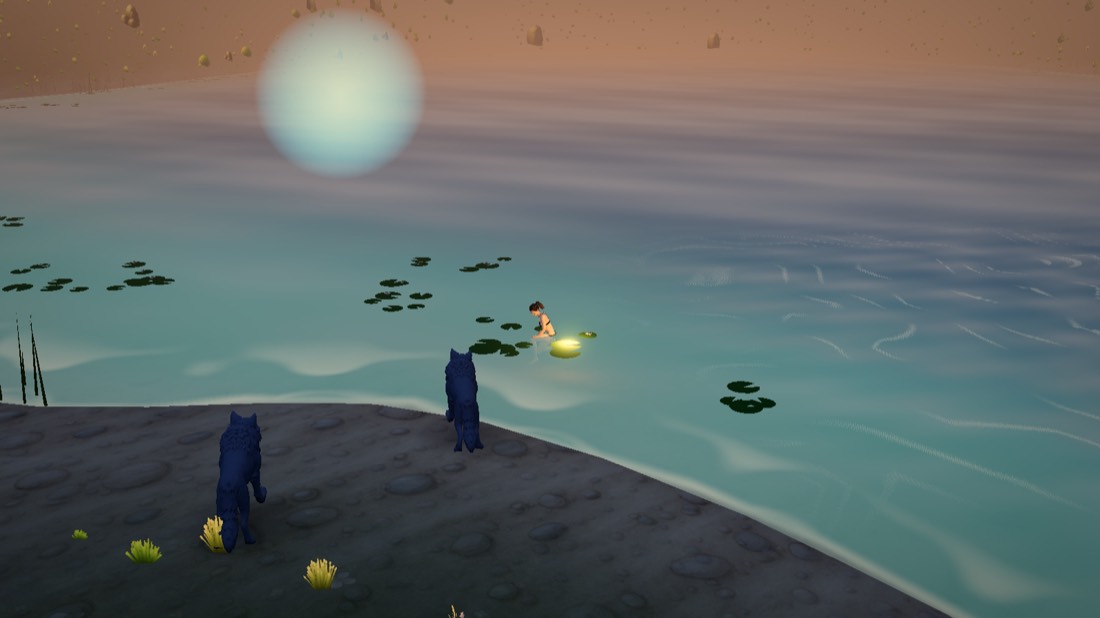 Two wolves stand on a dark shore watching a swimmer in the lake under a pale moon
